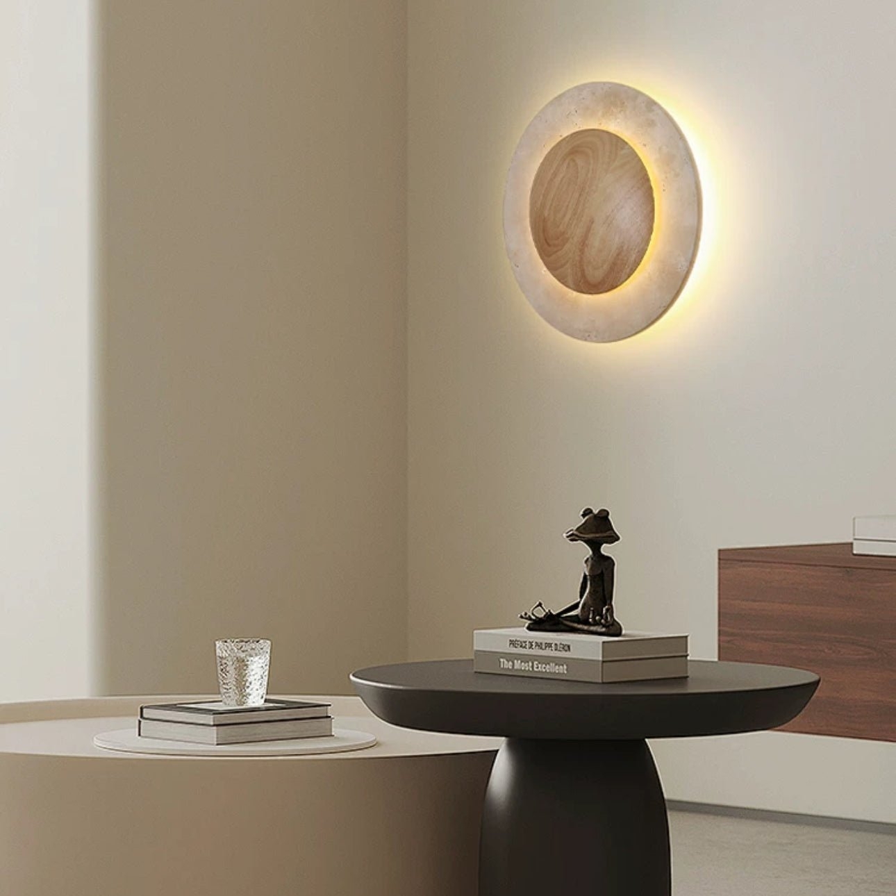 Round Travertine Wood Wall Light D880
