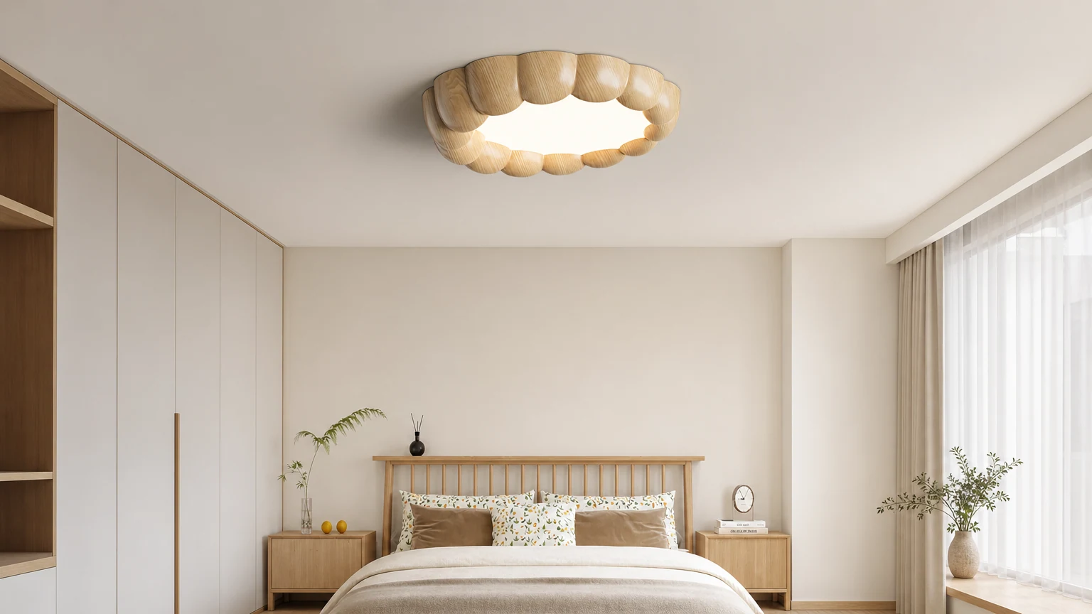 Lampa sufitowa ze sztucznego drewna M559 zainstalowana w ciepłym pomieszczeniu
