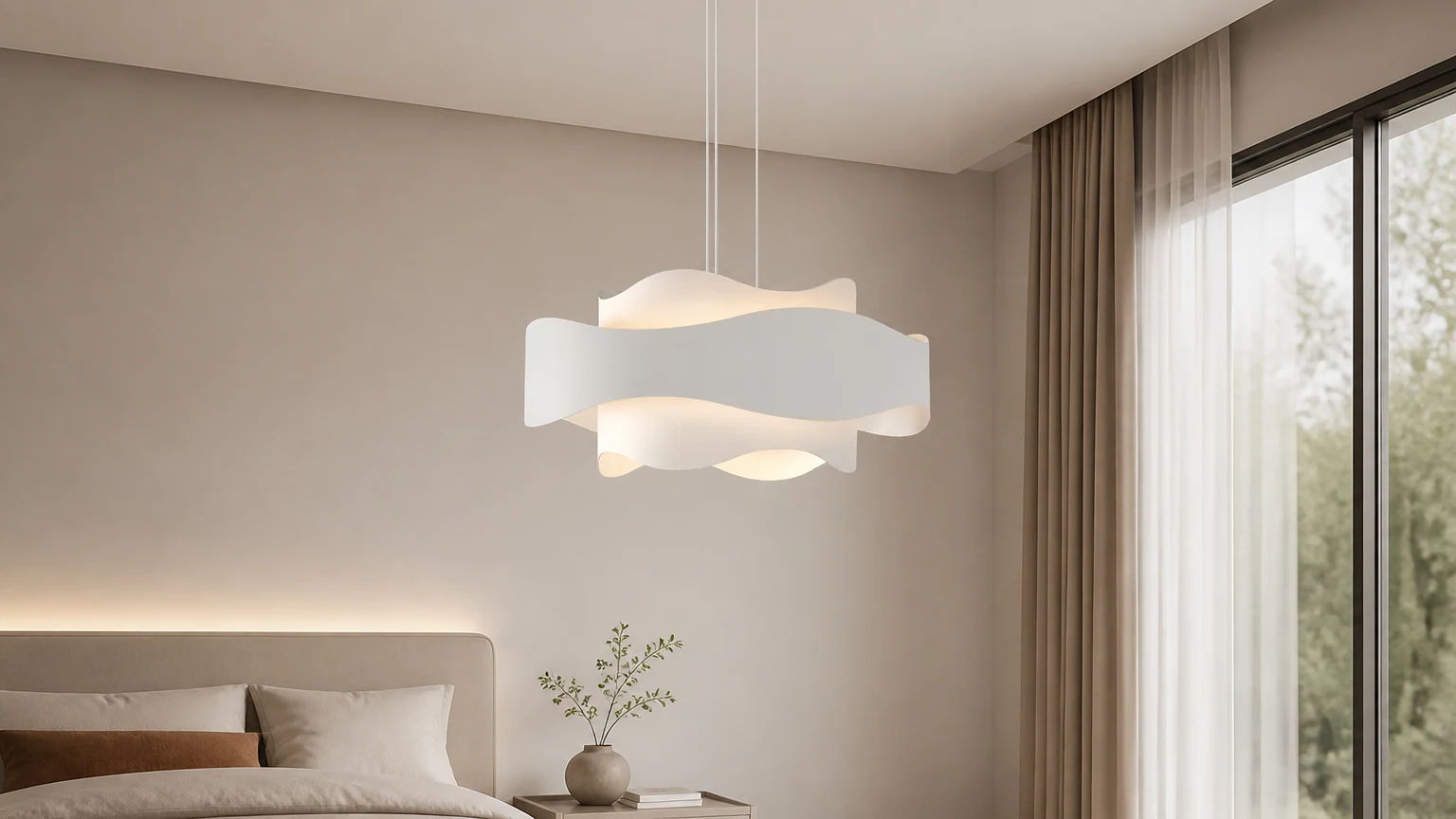 Nowoczesna, minimalistyczna lampa wisząca do sypialni M162 w kremowym stylu w ciepłej sypialni