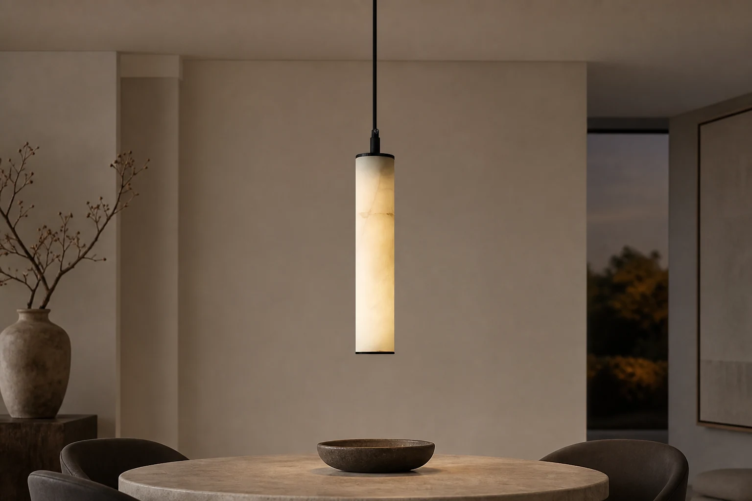Lampa wisząca Calder Alabaster Tube w pomieszczeniu lifestylowym