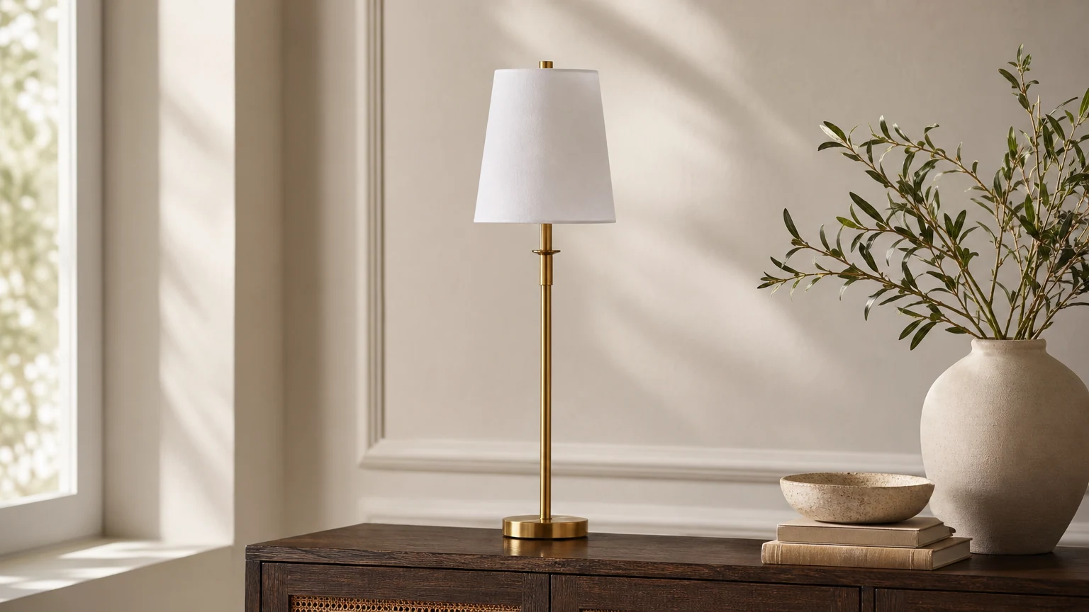 Żelazna lampa stołowa Rowan stylizowana na ciepłą scenę wnętrz