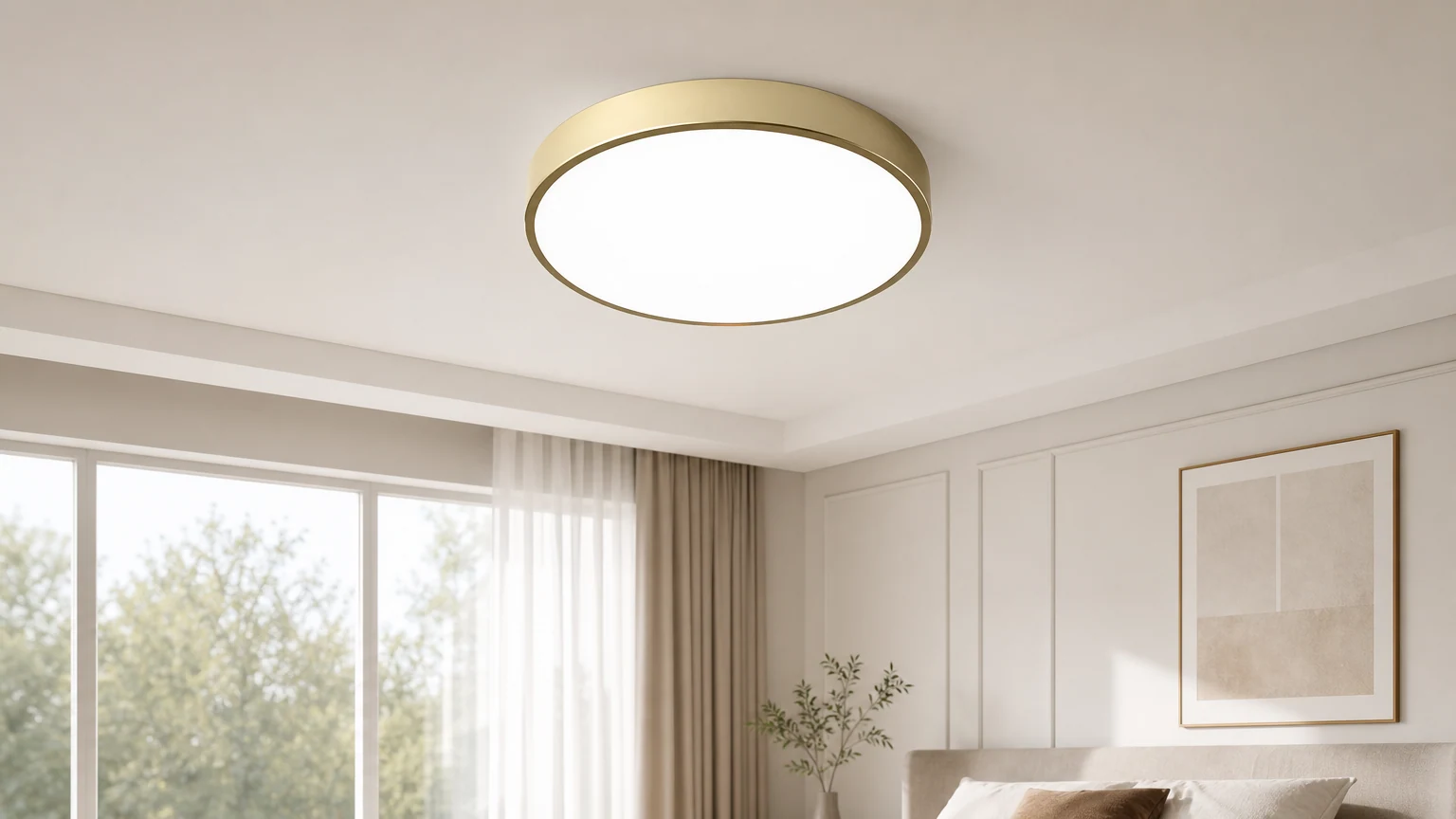 Okrągła lampa sufitowa LED Rondi zainstalowana w ciepłym, nowoczesnym pomieszczeniu