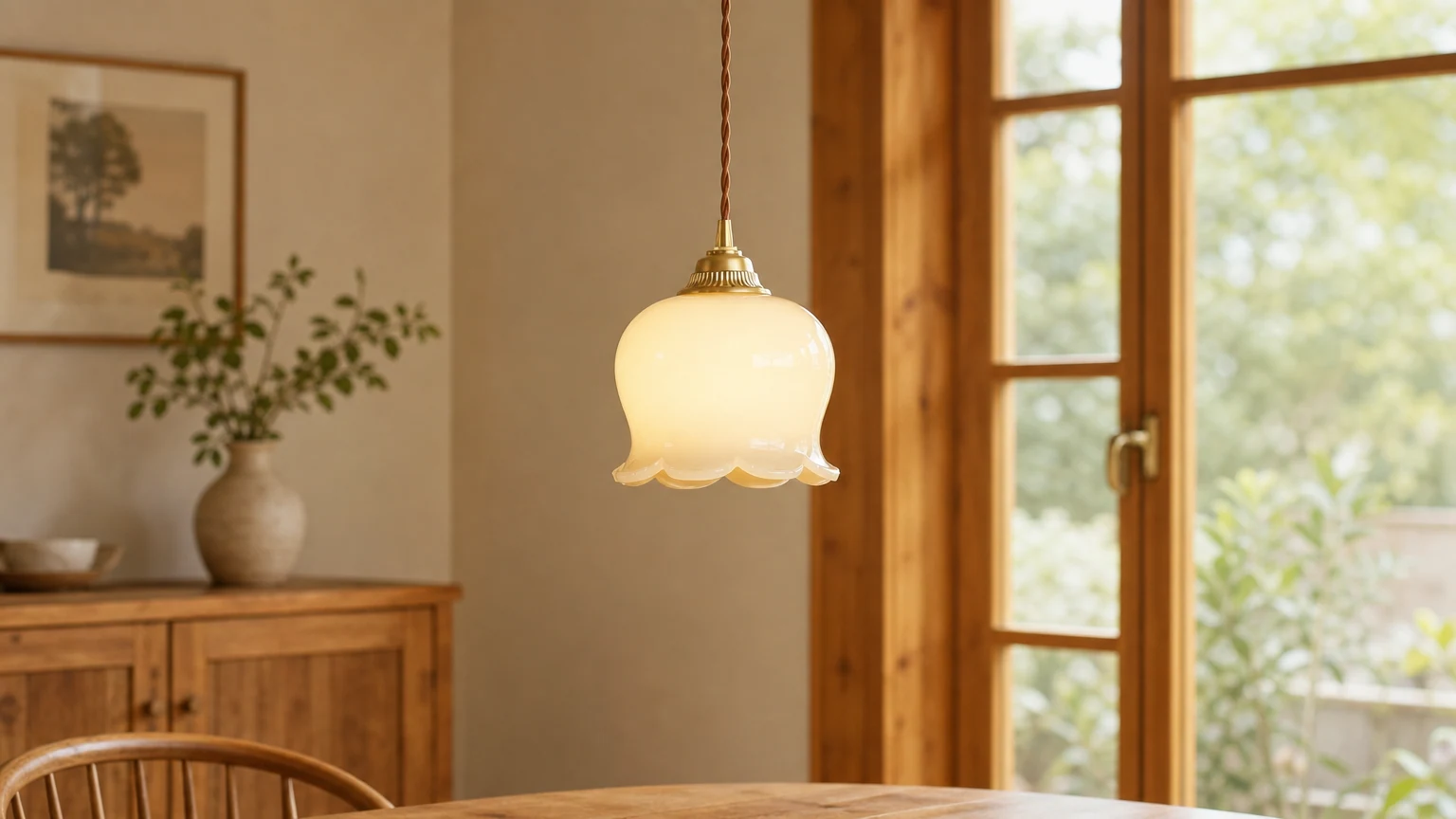 Lampa wisząca Nordic Milk Valley Flower S130 świecąca w ciepłym wnętrzu