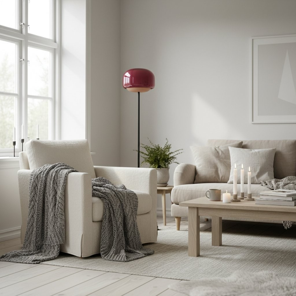 Lampa podłogowa Clinco z czerwonym kloszem w salonie