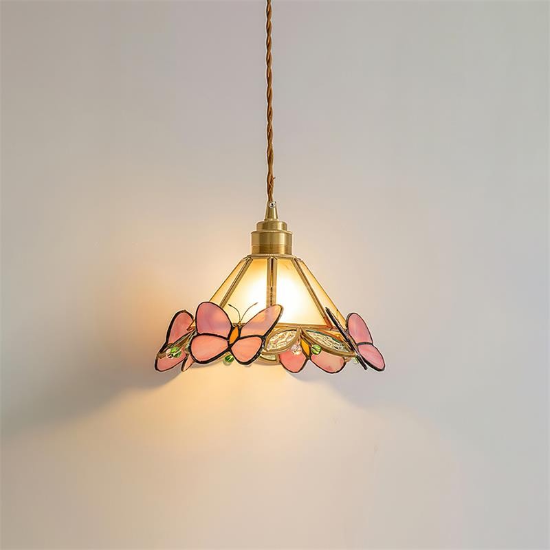 French Retro Glass Pink Butterfly Pendant Lamp M219