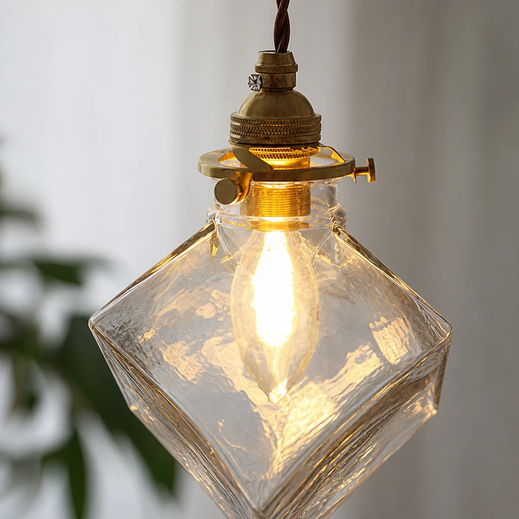 Zbliżenie na szklaną i metalową lampę wiszącą Felix Glass