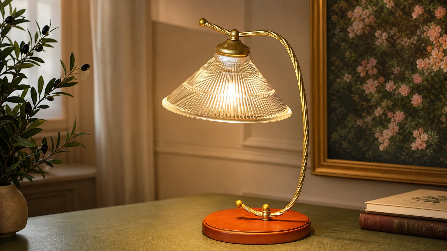 Lampa do czytania w stylu vintage M372 ze szklanym kloszem w ciepłym otoczeniu czytelni