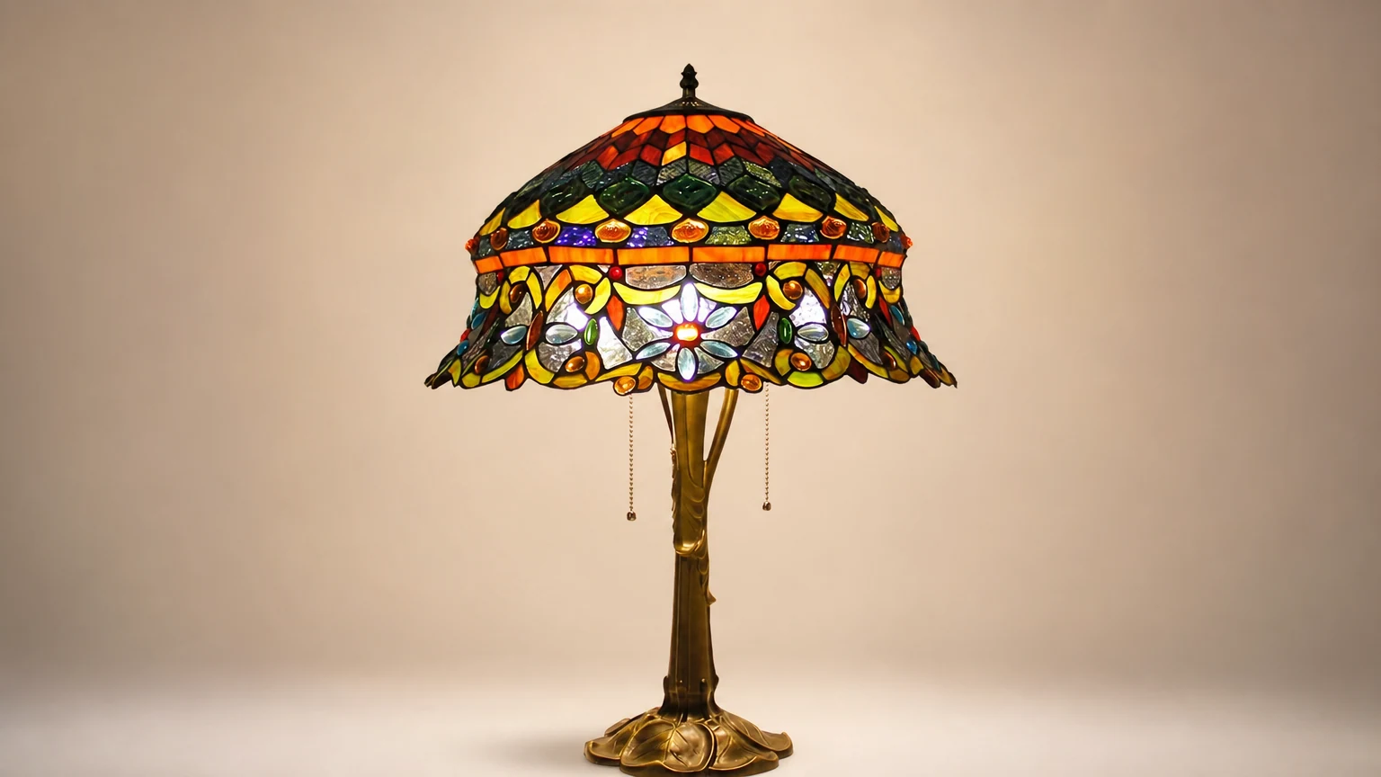 Lampa stołowa z malowanego szkła w ciepłym pomieszczeniu