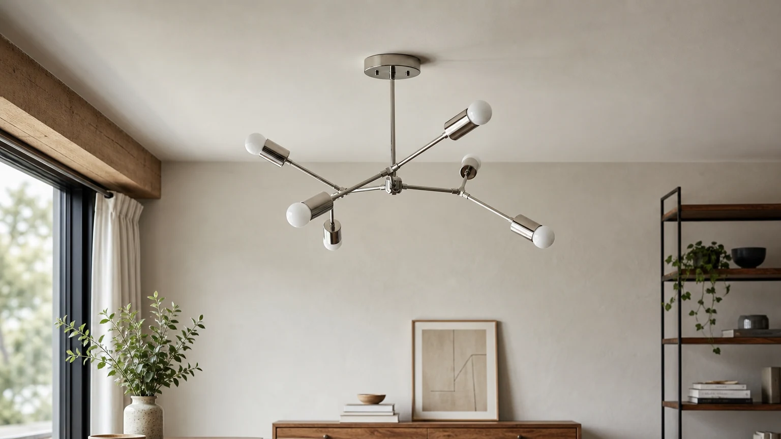 Żyrandol geometryczny Mobilux Line chromowo-niklowy zainstalowany w scenie w jadalni