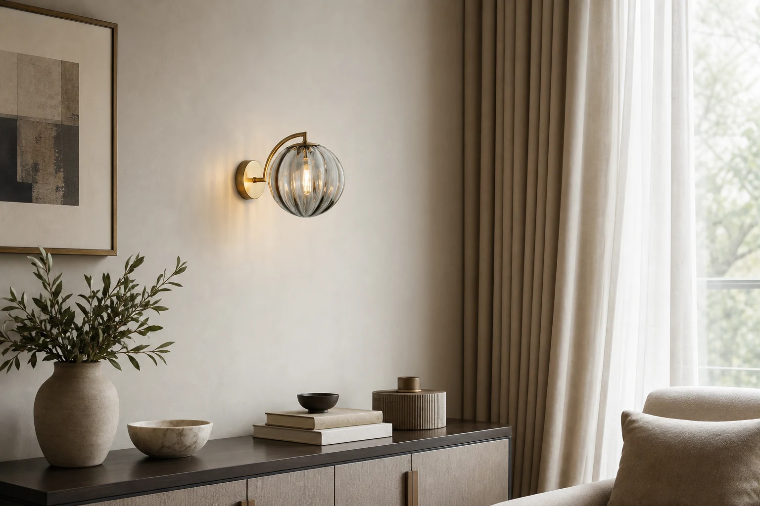 Scena lifestylowa osadzona w kontekście produktu dla szklanej lampy ściennej M136