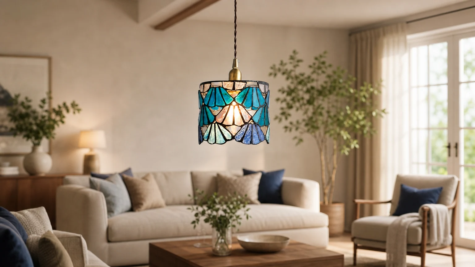 Lampa wisząca ze szkła witrażowego inspirowana Tiffany'm Vintagia do dekoracji wnętrz