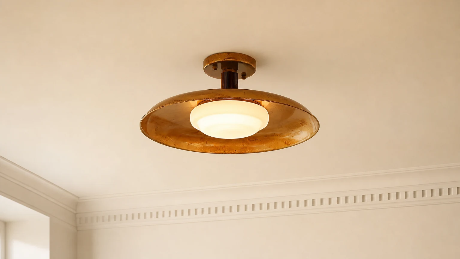 Płaska lampa sufitowa w stylu Pot-Lid zainstalowana w wyrafinowanym wnętrzu
