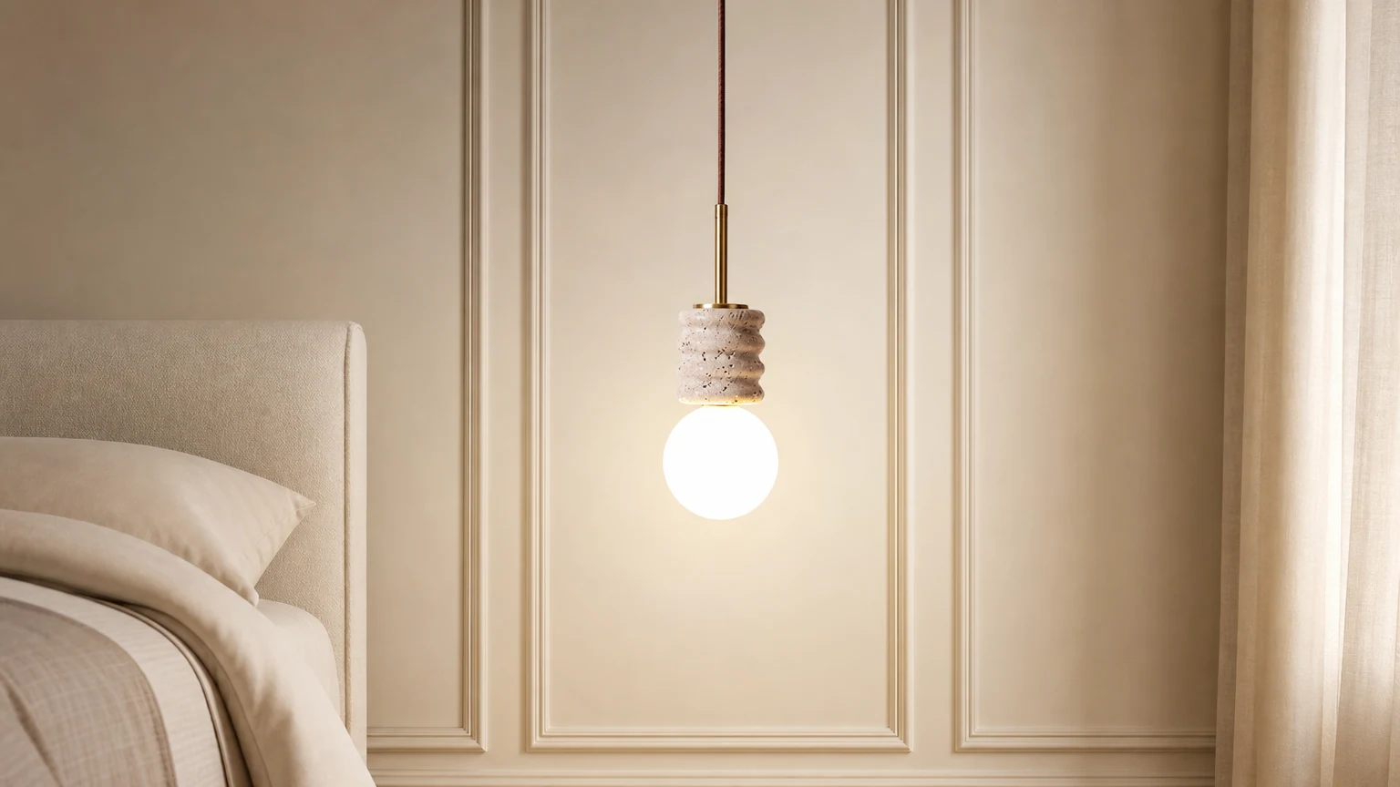 Trawertynowa lampa wisząca w stylu retro w ciepłym wnętrzu