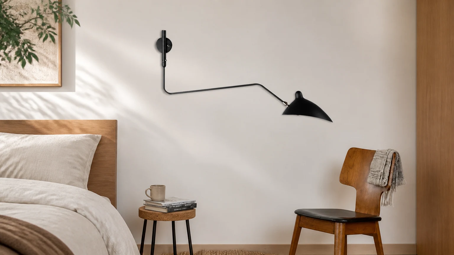 Industriell andenebb-vegglampe installert i et varmt soveromsmiljø