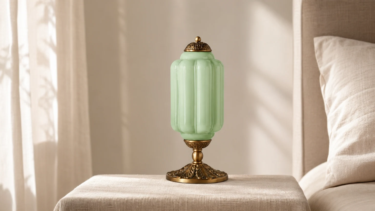 Lampa stołowa retro Eloise z mlecznego szkła stylizowana na powierzchnię sypialni