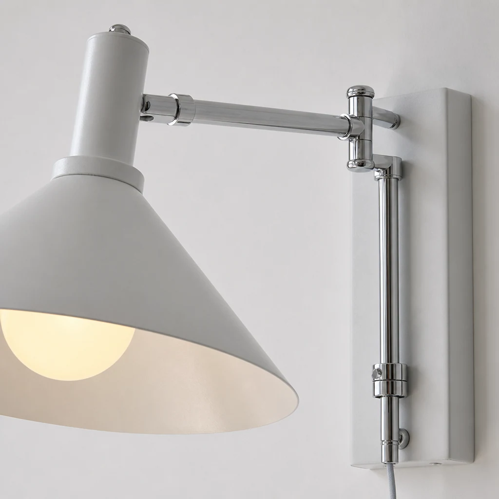 Zbliżenie na wykończenie i konstrukcję obrotowej lampy ściennej Bauhaus
