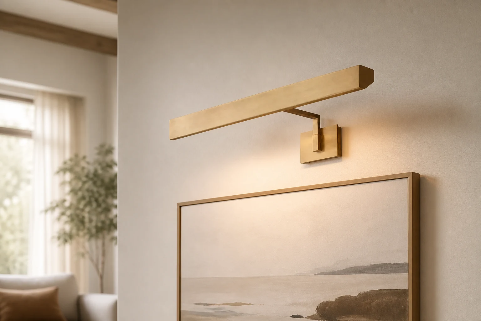 Minimalistyczne oświetlenie obrazu pokazane w stylu życia na ścianie