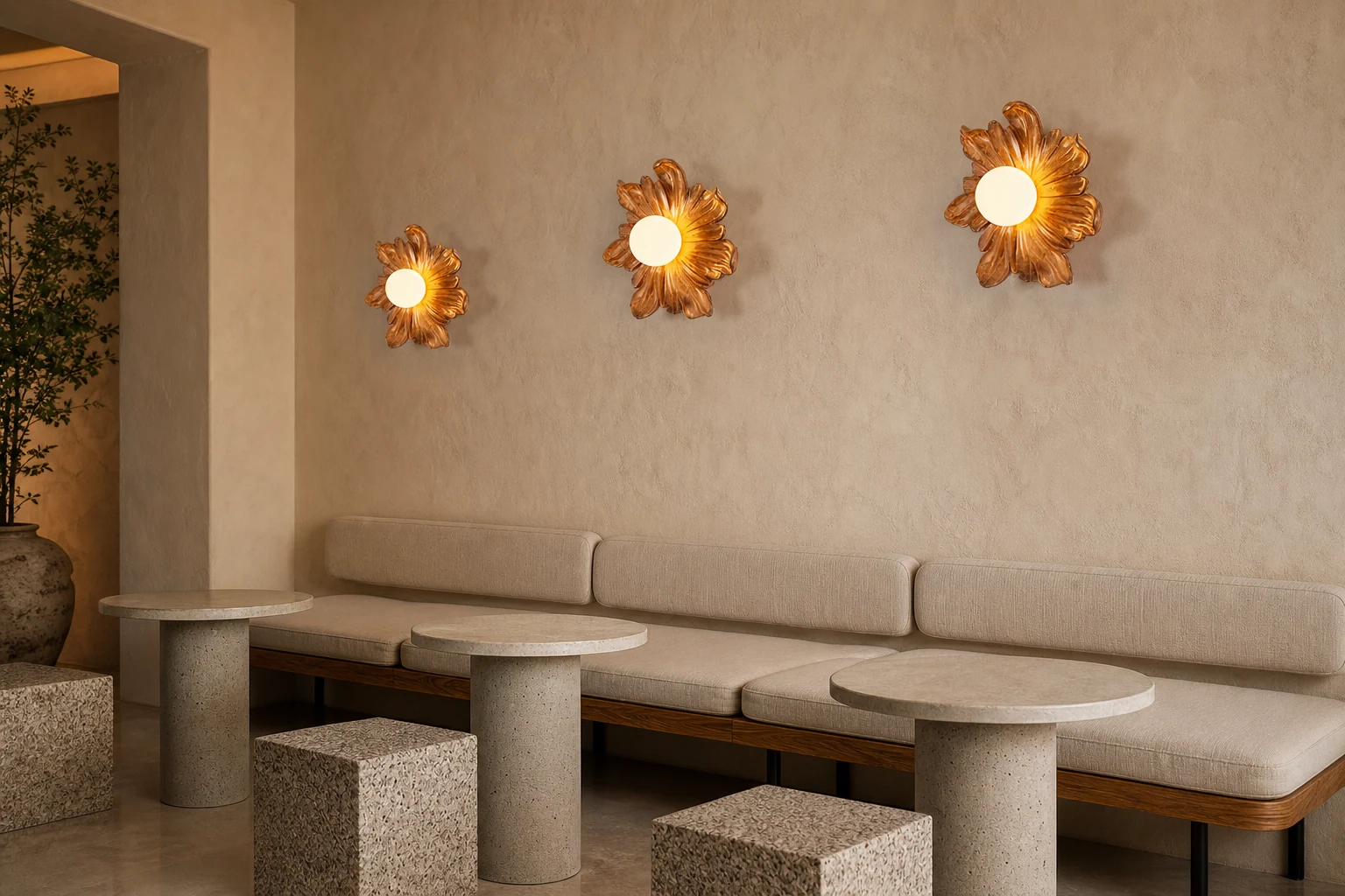 Lámpara de pared con forma de flor, ambientada en una habitación de estilo de vida.