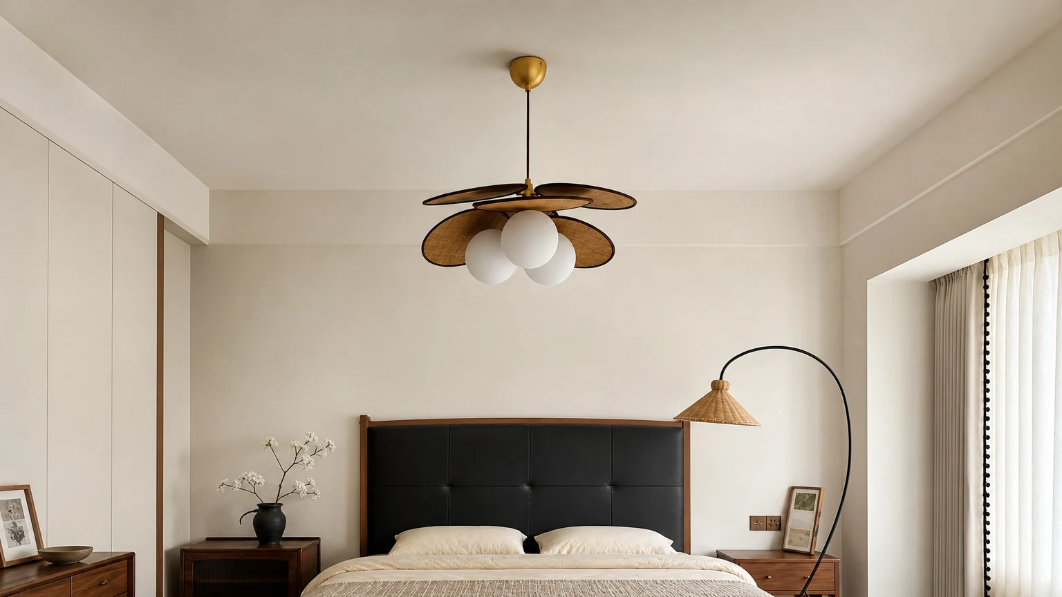 Średniowieczna rattanowa lampa wisząca P042 w ciepłej sypialni