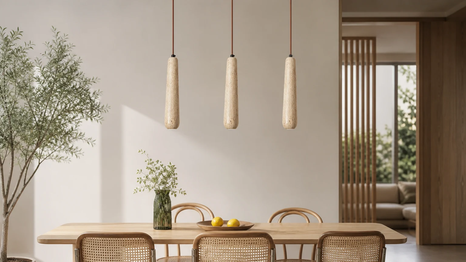 Trawertynowa lampa wisząca D922 zainstalowana w ciepłym wnętrzu