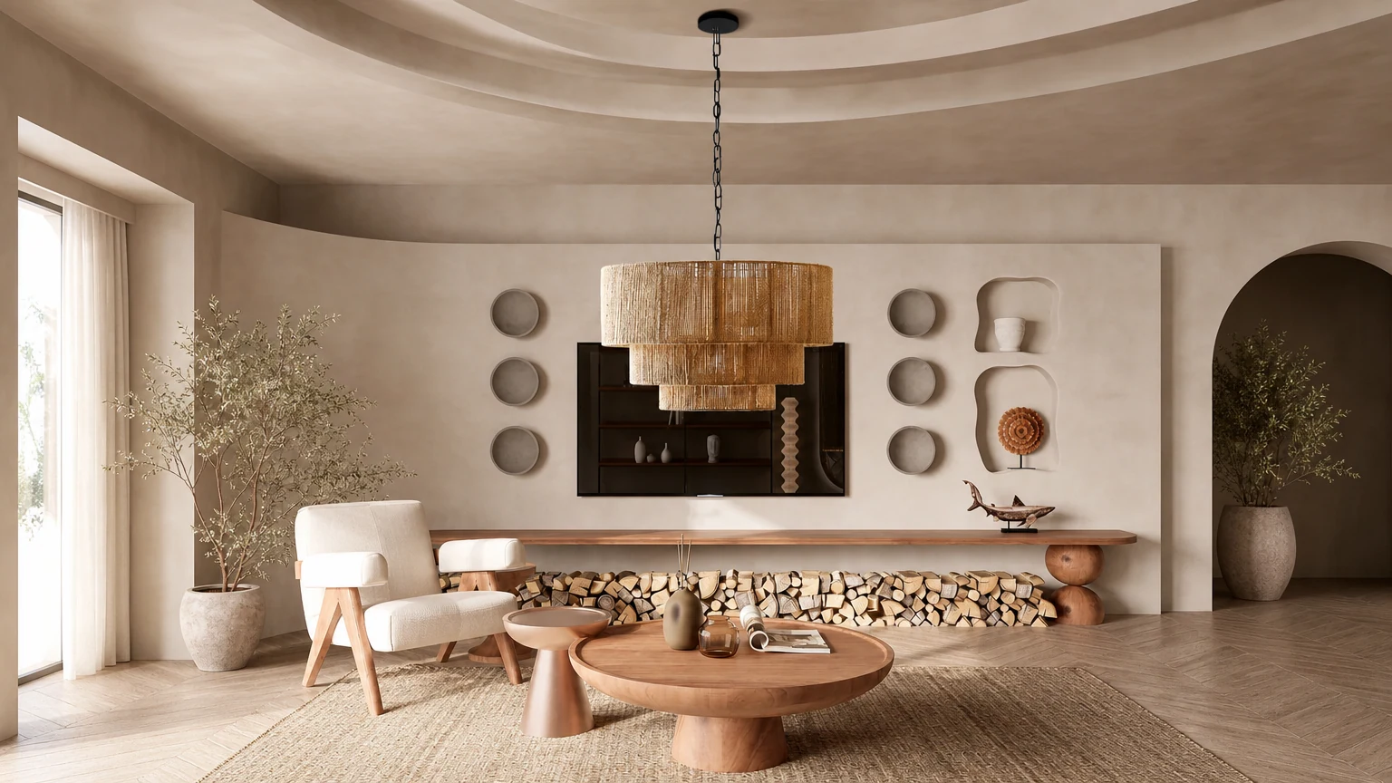Elegancka tkana rattanowa lampa wisząca D828 z wodospadem w ciepłym wnętrzu