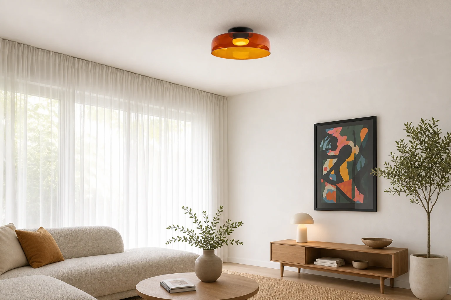 Szklana lampa sufitowa Morandi w scenie pokoju lifestylowego