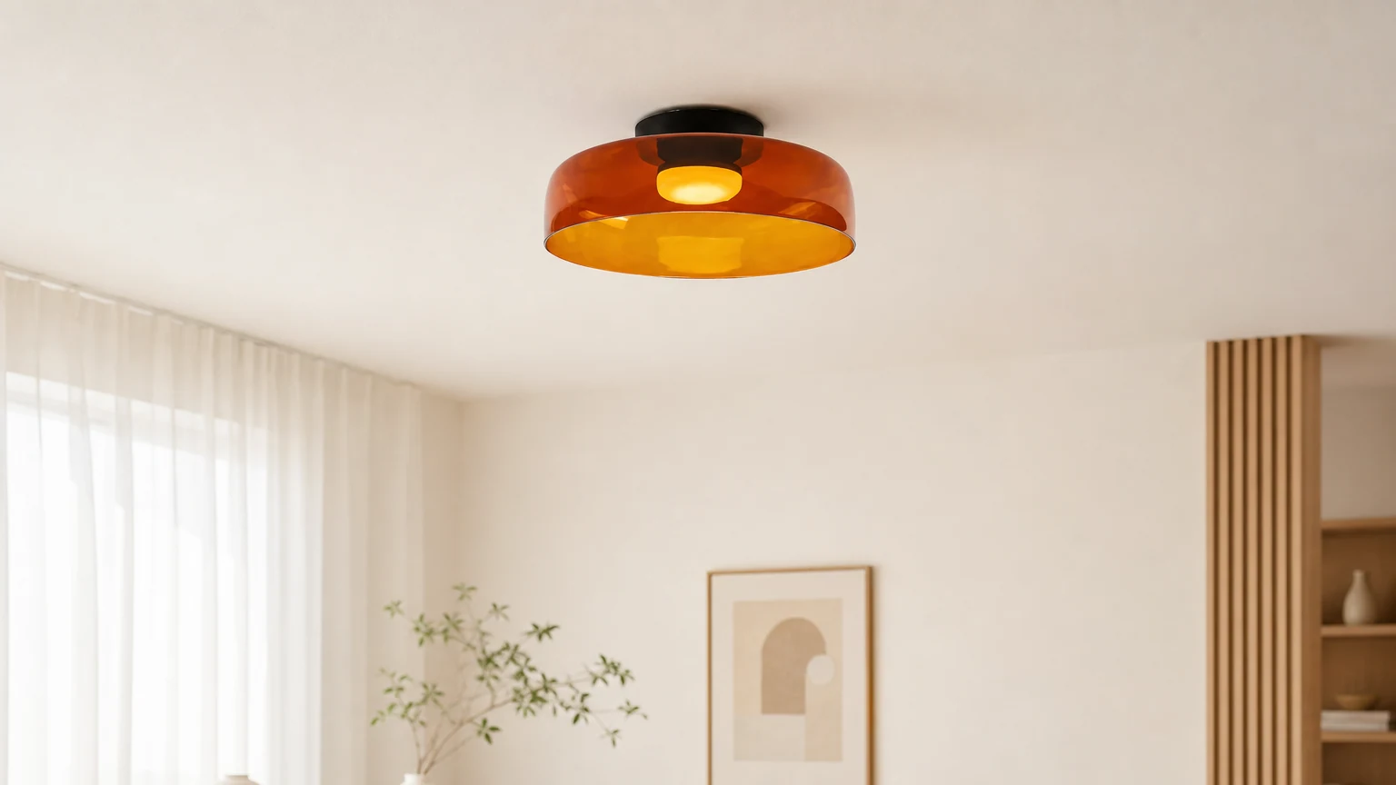 Lampa sufitowa ze szklaną misą Nordic Morandi zainstalowana w spokojnym wnętrzu