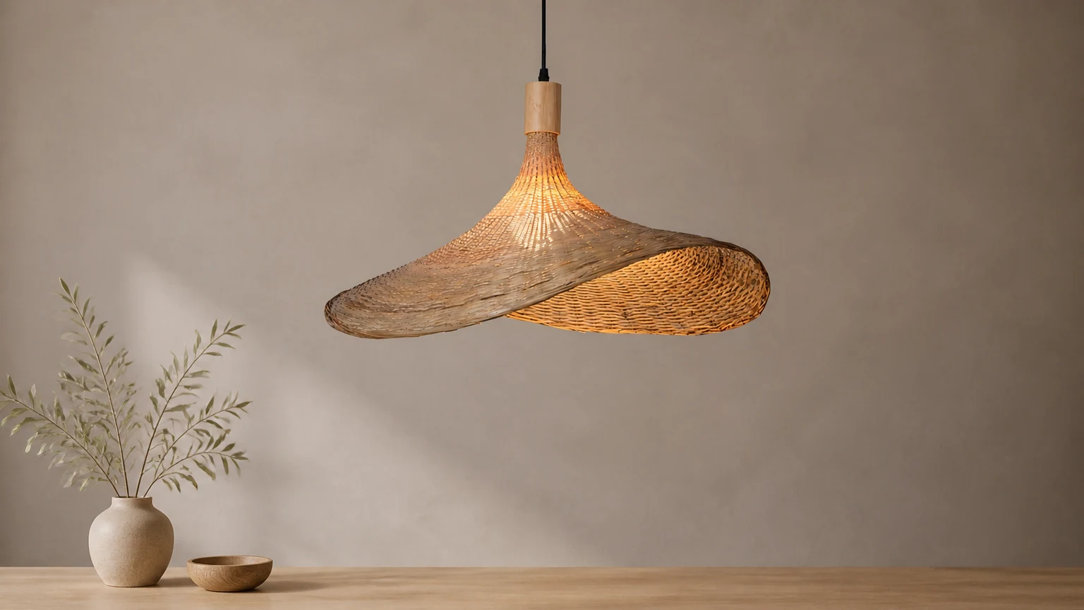 Rustykalna rattanowa lampa Raphia Charm D834 w ciepłej scenerii wnętrza