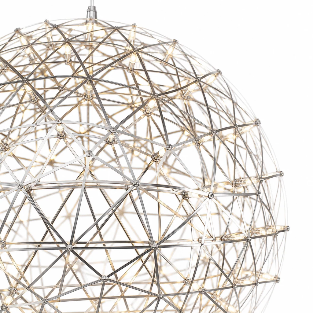 Zbliżenie na lampę wiszącą Silver Spark Ball Konstrukcja z lekkiego metalu i diod LED