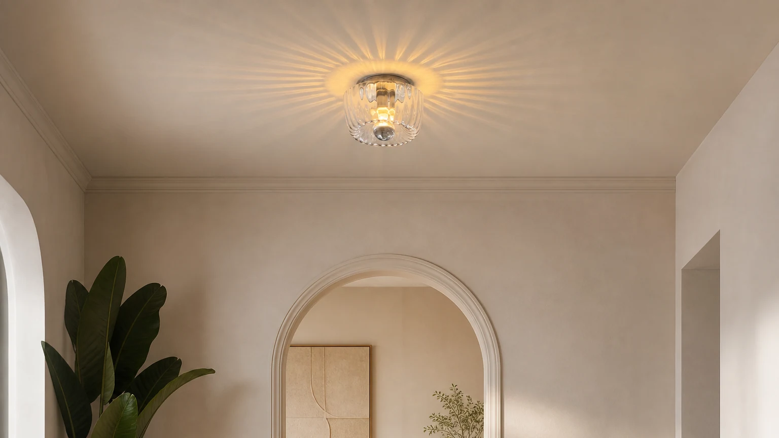Lampa sufitowa Clara Rays z mosiądzu i przezroczystego szkła w ciepłej scenerii wnętrza