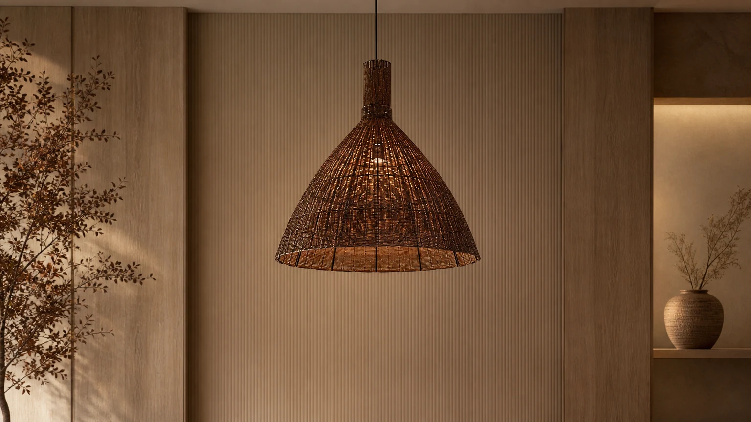 Rattanowa lampa wisząca Essence of the Islands D826 w ciepłej scenerii wnętrza