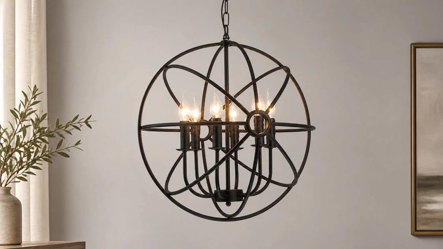 Lampadario a globo con candele, mostrato in un ambiente interno.