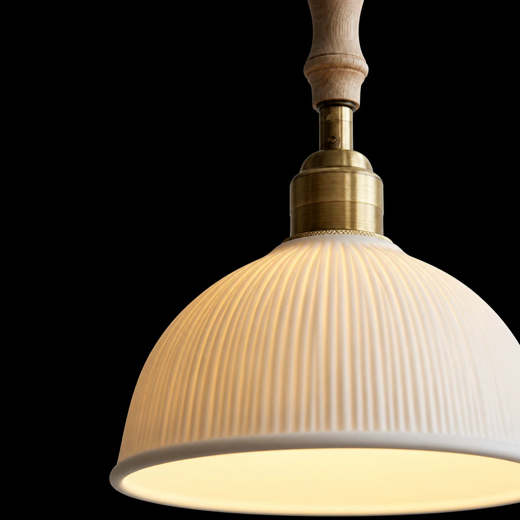 Zbliżenie na ceramiczną i drewnianą lampę wiszącą The Japanese Glow D860