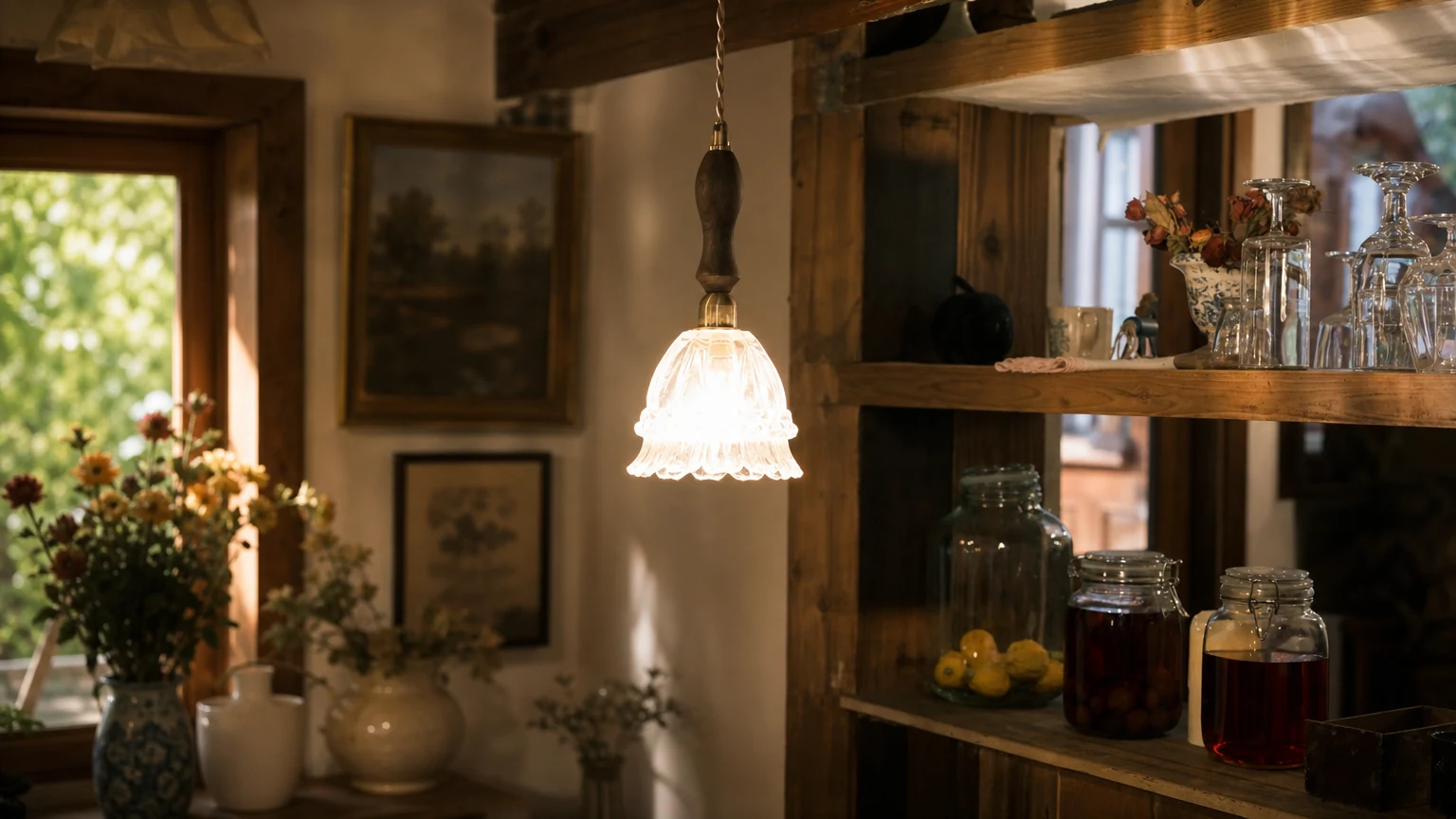 Francuska szklana lampa wisząca z duszpasterską meduzą G67 w ciepłej scenerii pomieszczenia