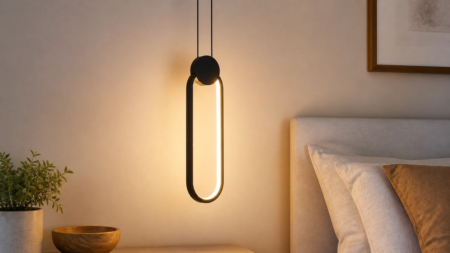 Minimalistyczna lampa wisząca LED w nowoczesnej scenerii pokoju