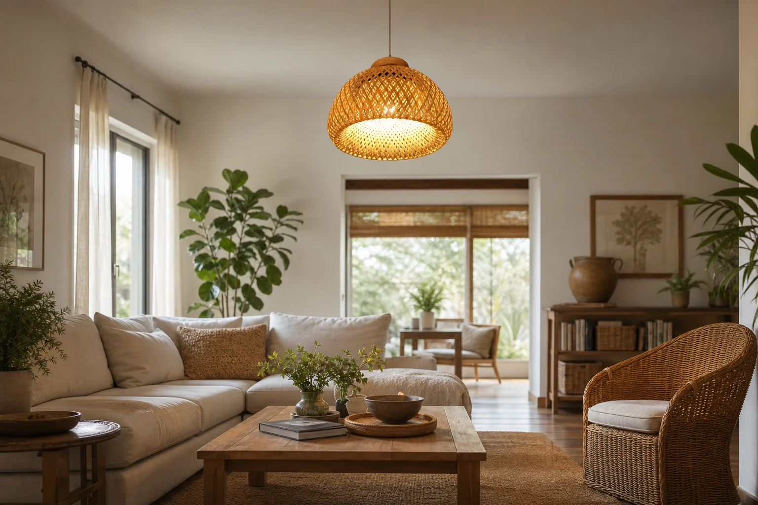 Scène de salon avec lampe de plafond en bambou