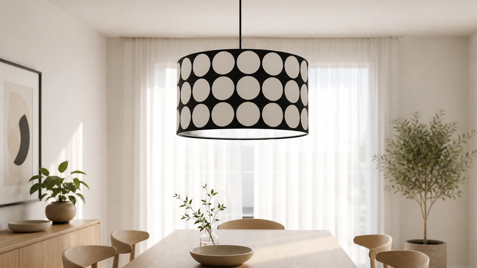 Szeroka scena wewnętrzna z lampą wiszącą Fabric Drum Polka Dots