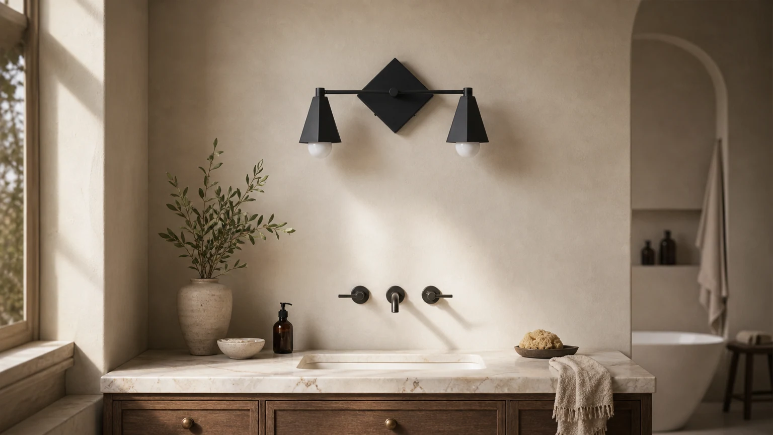 Geometryczna lampa pod umywalkę Ornato Luxe w poziomej scenie łazienkowej