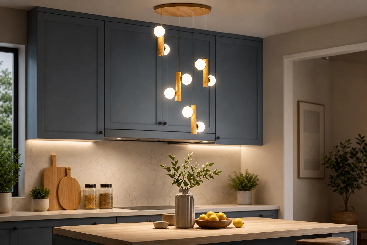 Scena lifestylowa z drewnianą lampą wiszącą TWIG