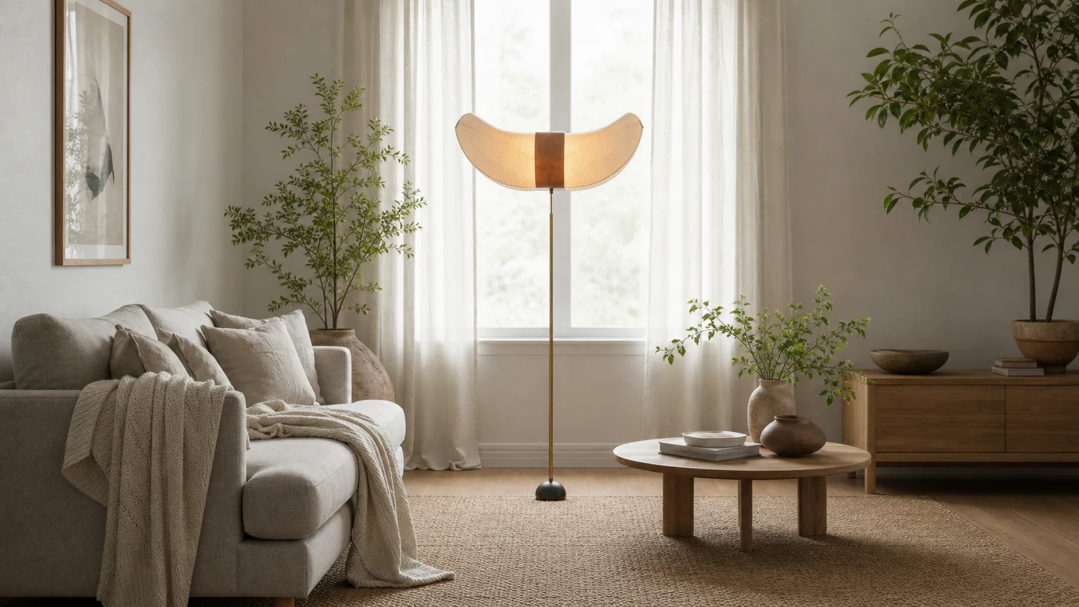Lampa podłogowa z papieru ryżowego Akari Wabi-Sabi S368 w ciepłej scenerii wnętrza