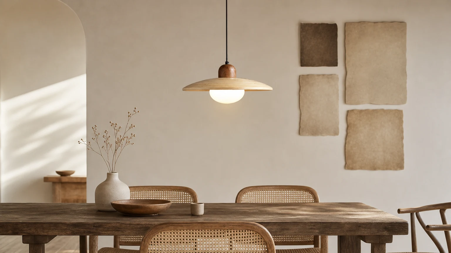 Nordic bambusowa i drewniana lampa wisząca D921 w ciepłej scenerii pomieszczenia