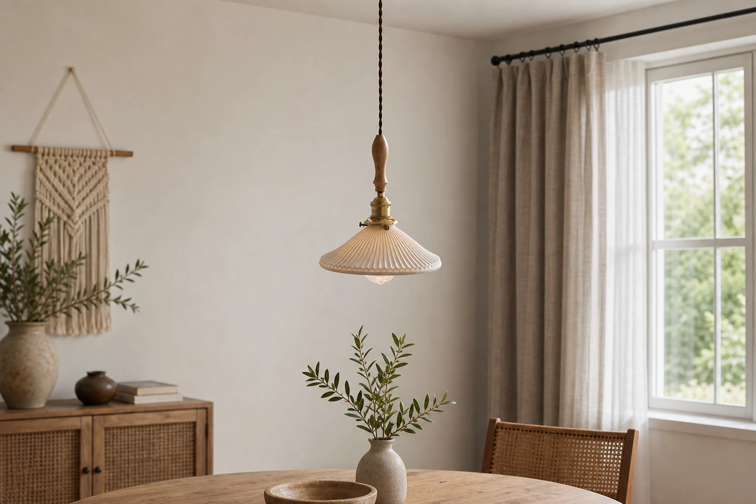 Lampa wisząca Eloria w scenie pokoju lifestylowego z widoczną całą oprawą
