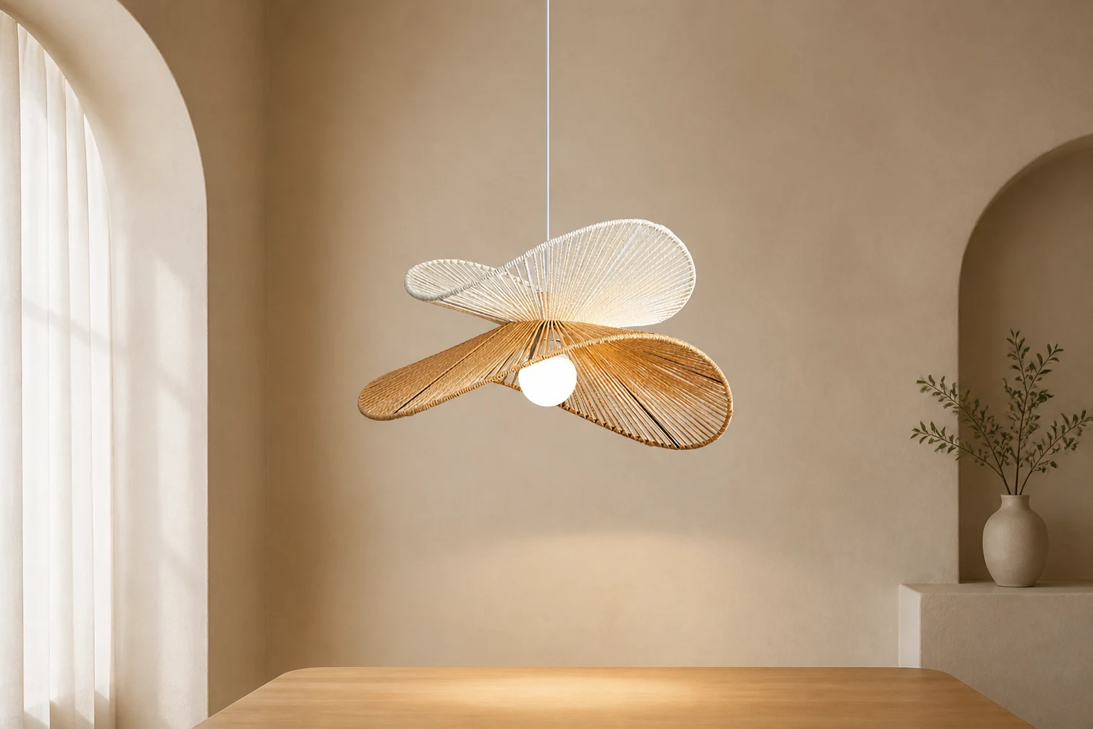 Lampa wisząca ze sznurka konopnego w scenie pokoju lifestylowego