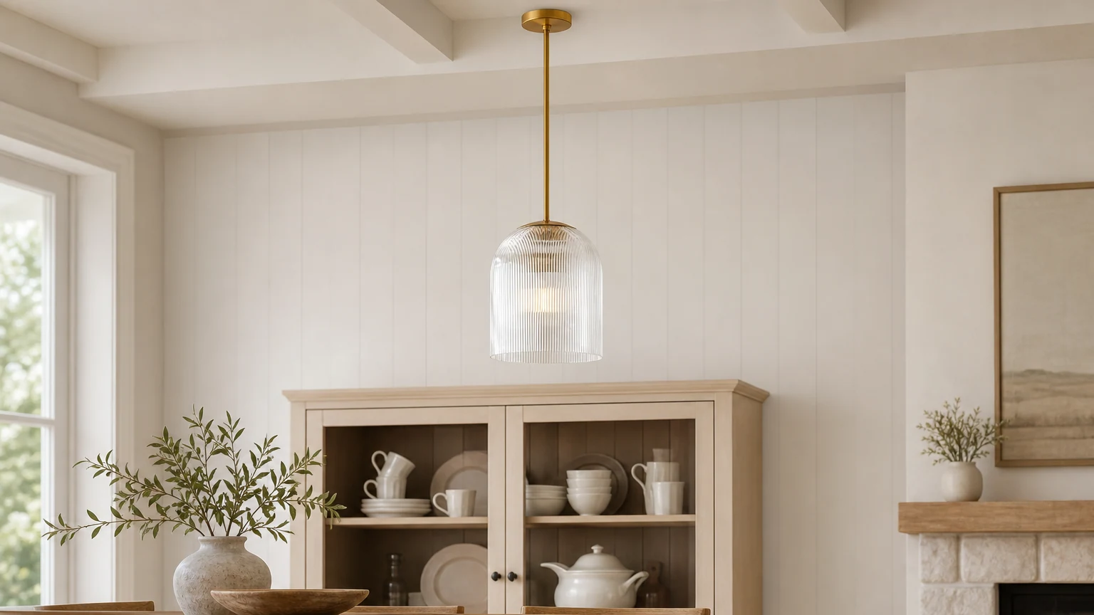 Lampa wisząca ze szkła żebrowanego Alain zainstalowana w ciepłym wnętrzu wiejskiego domu