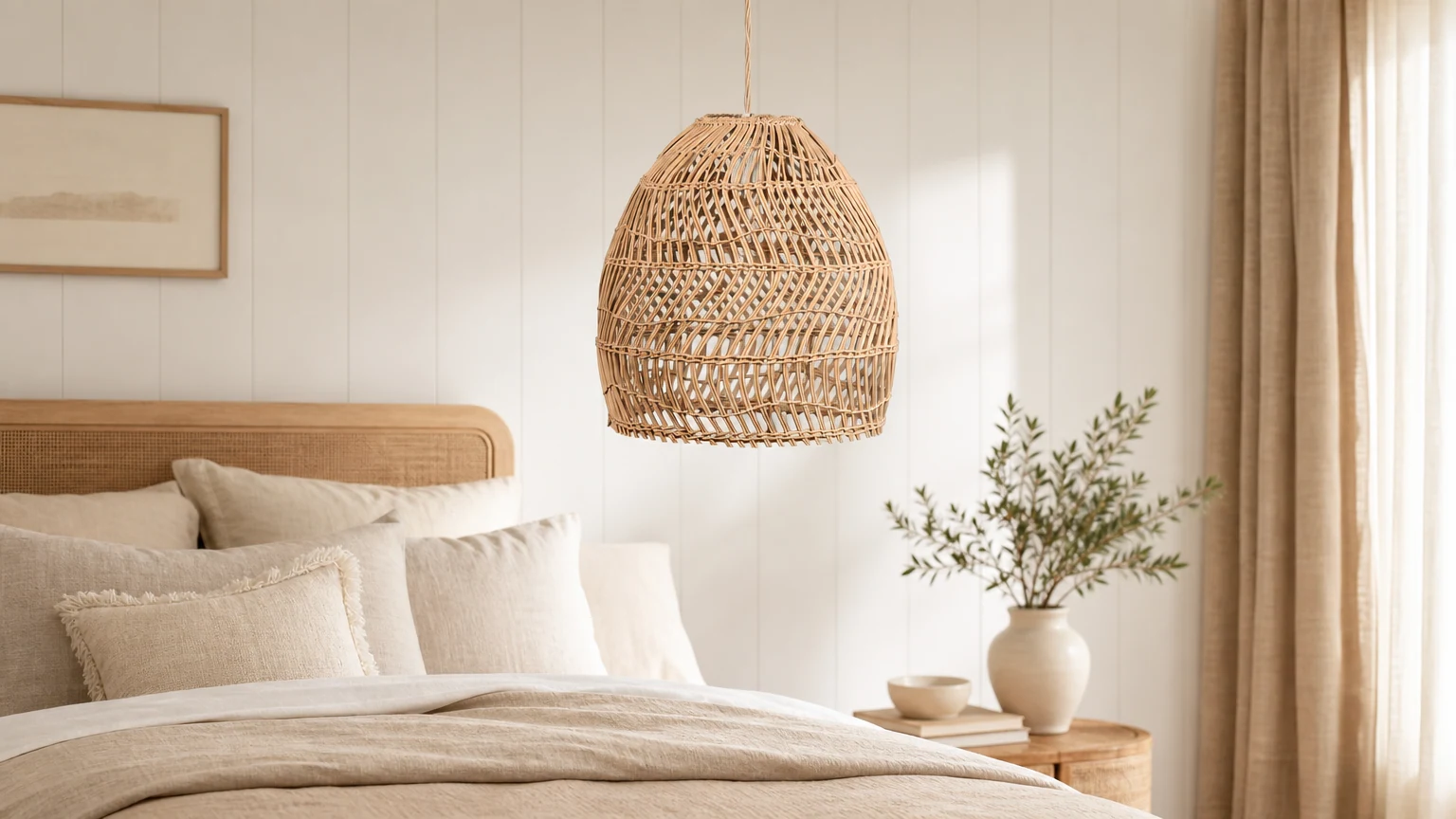 Rattanowa lampa wisząca Geul Basket w ciepłym, naturalnym otoczeniu