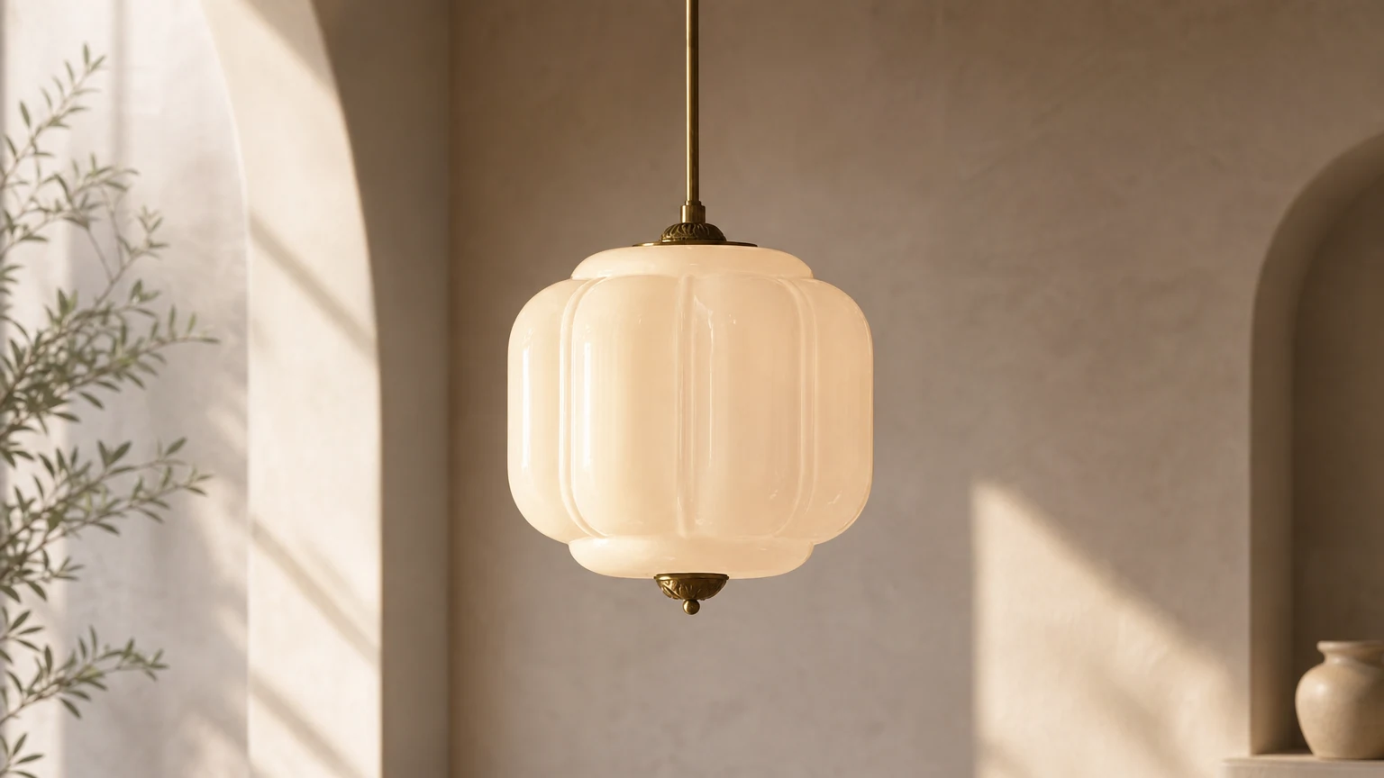 Lampa wisząca Eloise w stylu vintage z kremowego szkła w stonowanym pomieszczeniu