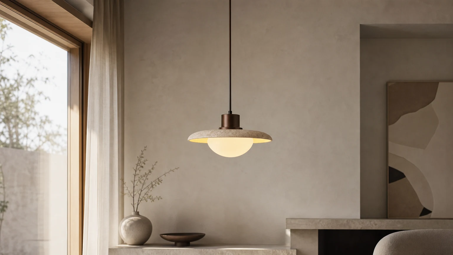 Lampa wisząca Travertine Shining Rock D870 w ciepłej scenerii wnętrza