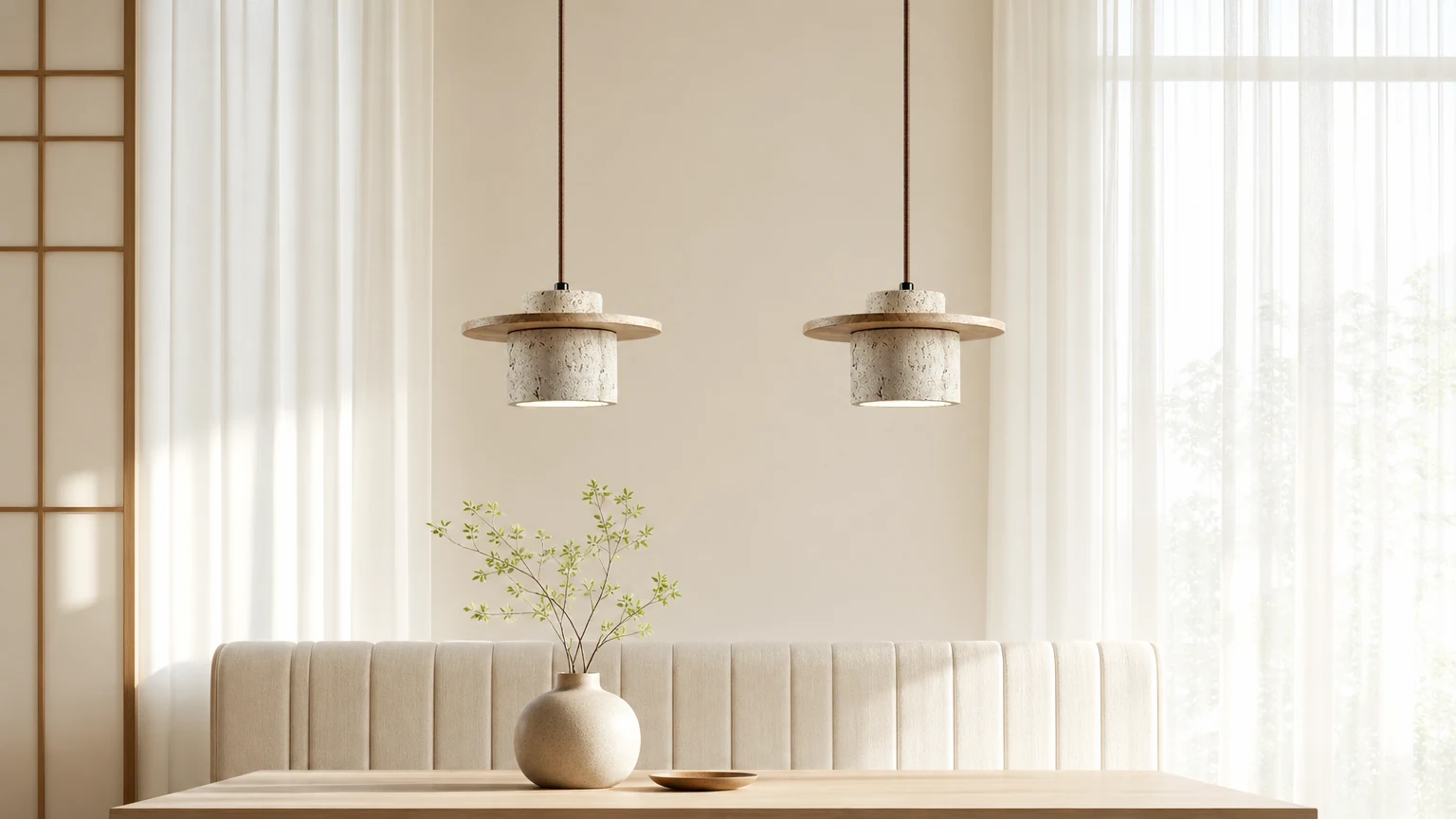 Trawertynowa lampa wisząca D915 w stylu japońskim w stylu vintage w spokojnym wnętrzu