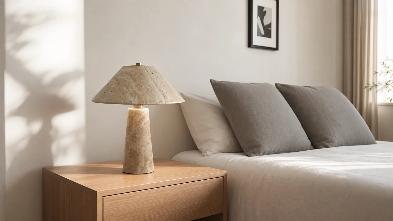 Trawertynowa lampa sufitowa Piedra D682 w ciepłej scenerii wnętrza