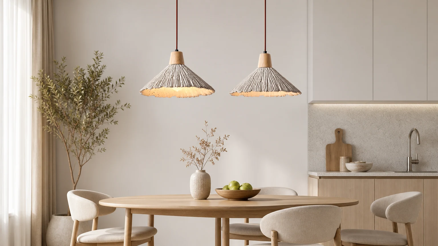 Kremowa lampa wisząca LED Wabi-Sabi Retro D919 w ciepłej scenerii wnętrza